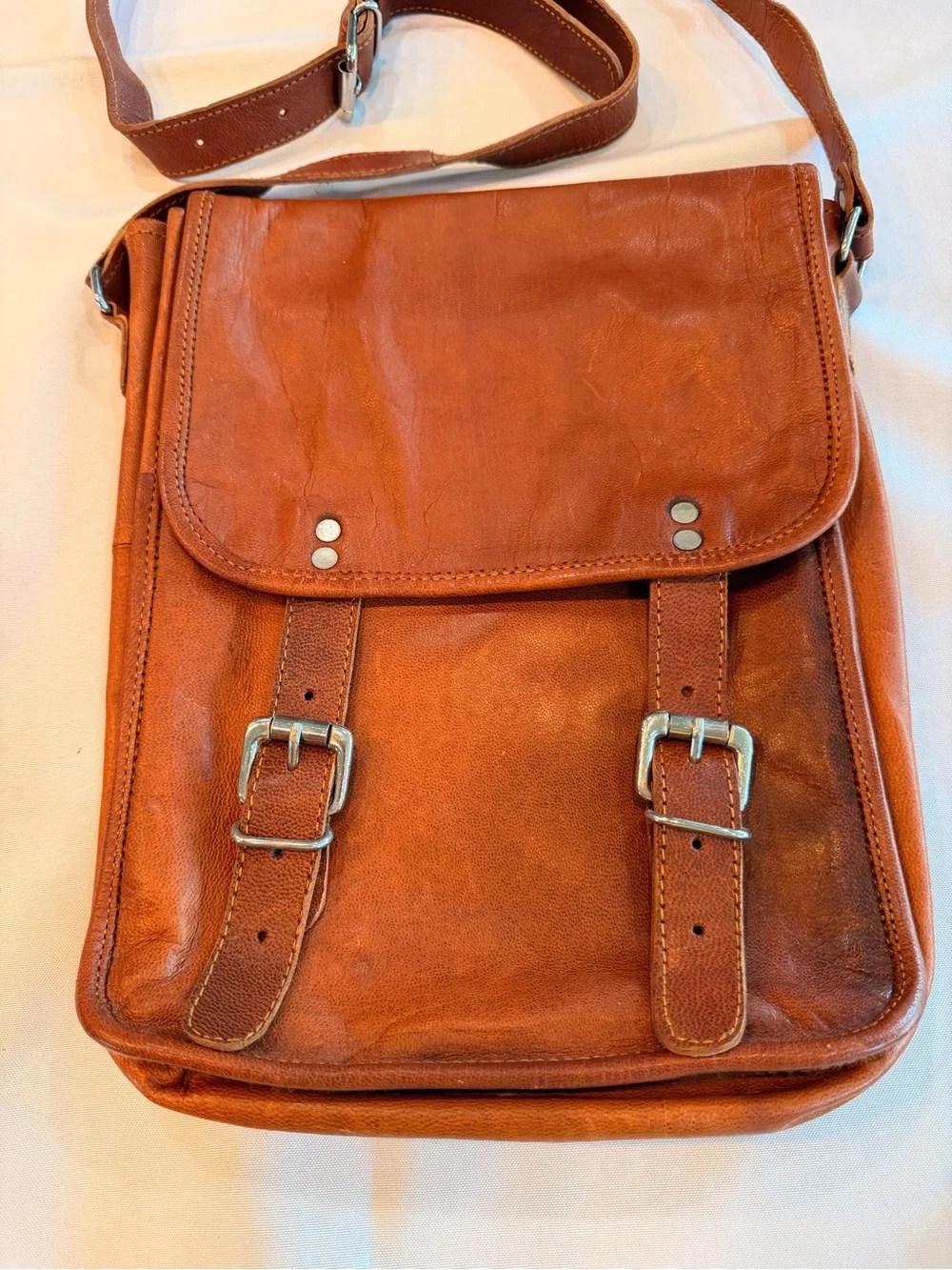 Vintage Brown Genuine Leather Messenger Long Satchel Bag with Front Buckles